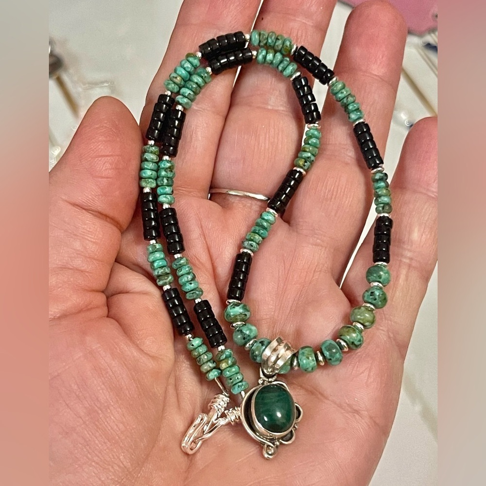 Southwest Beaded Necklace Sterling Pearl Turquoise Onyx Malachite Pendant Sz 18โ